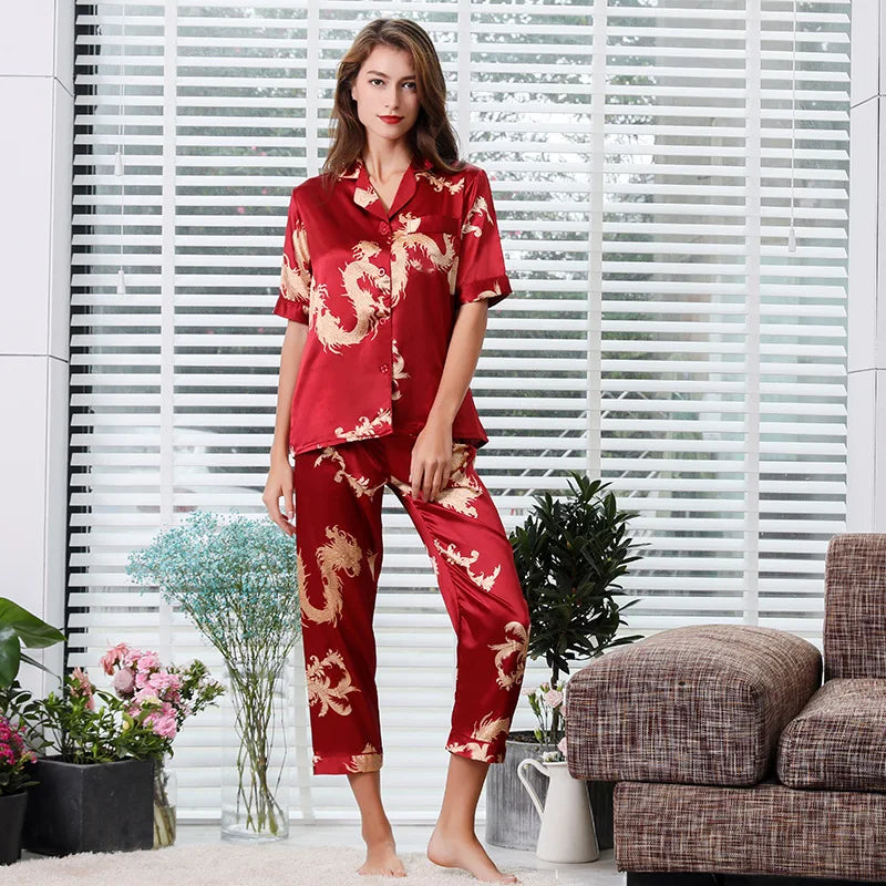 Camisola de casal estilo chinês fina de manga comprida com estampa de seda e cetim