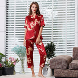 Camisola de casal estilo chinês fina de manga comprida com estampa de seda e cetim