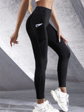 leggings femininas de cintura alta, calças elásticas de ioga com bolsos