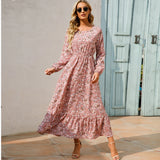 Vestido longo boêmio feminino  cintura alta chiffon, floral, novo Sucesso
