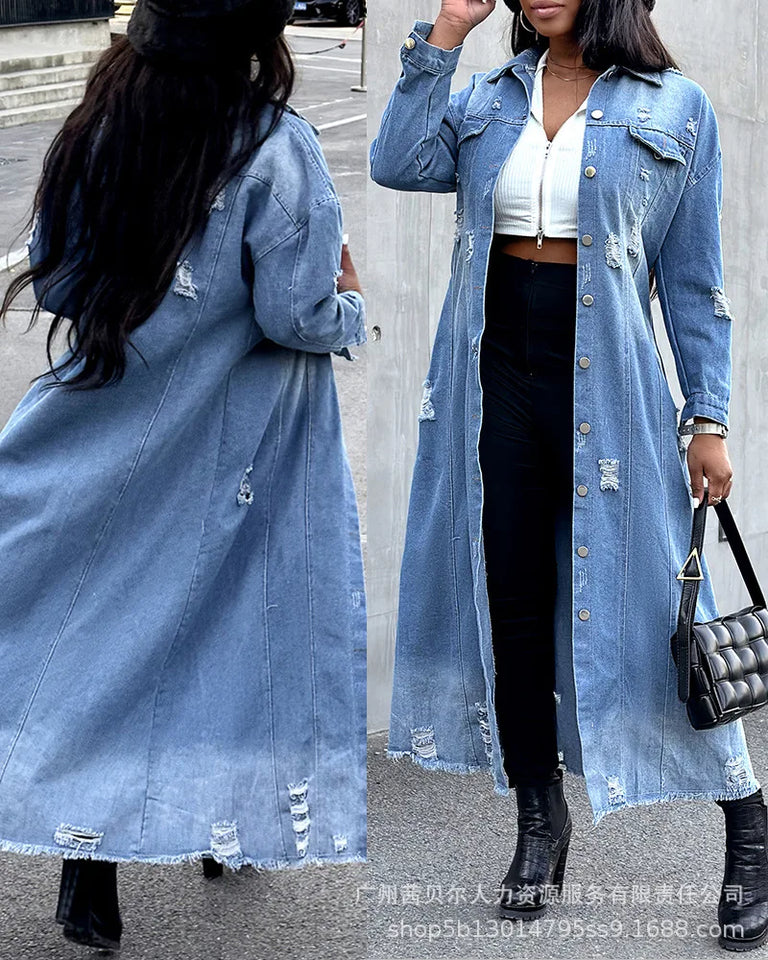 Casaco jeans longo com botões frontais e bainha crua rasgada, cardigan feminino