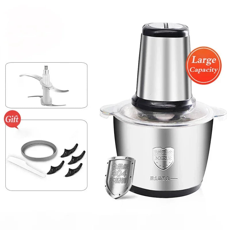 Moedor de carne elétrico de aço inoxidável 2L, picador de vegetais, máquina fatiadora de carne, moedor doméstico, processador de alimentos