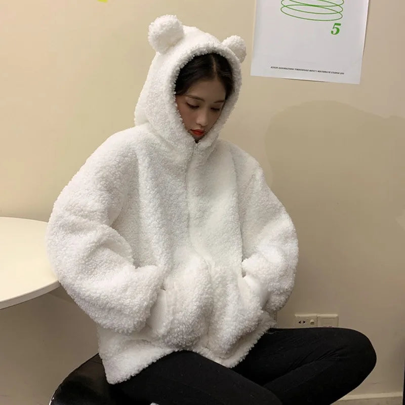Casaco feminino outono inverno com zíper kawaii lã pele sintética moletom manga comprida com capuz orelhas de urso de pelúcia moletom macio branco teddy