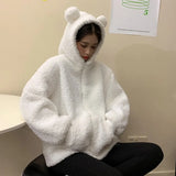 Casaco feminino outono inverno com zíper kawaii lã pele sintética moletom manga comprida com capuz orelhas de urso de pelúcia moletom macio branco teddy