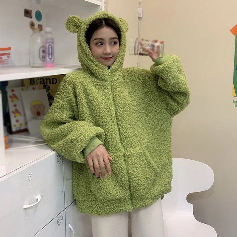 Casaco feminino outono inverno com zíper kawaii lã pele sintética moletom manga comprida com capuz orelhas de urso de pelúcia moletom macio branco teddy