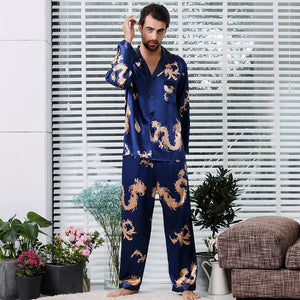 Camisola de casal estilo chinês fina de manga comprida com estampa de seda e cetim
