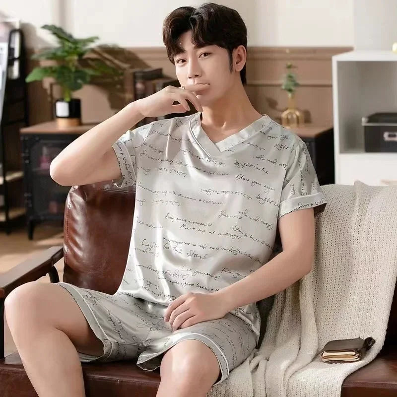 Pijama masculino de manga curta, roupa de verão em seda gelada, cardigã fino