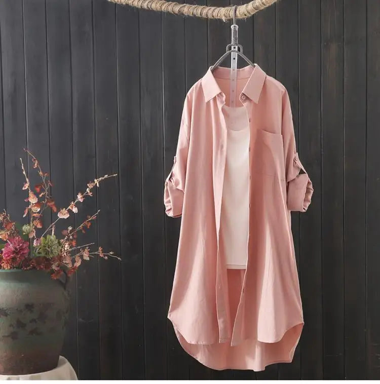 Camisa branca feminina midi solta e respirável, cor sólida, camisas longas Sucesso Ativo