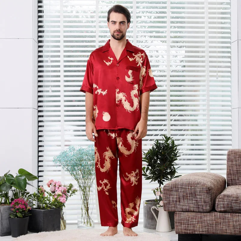 Camisola de casal estilo chinês fina de manga comprida com estampa de seda e cetim