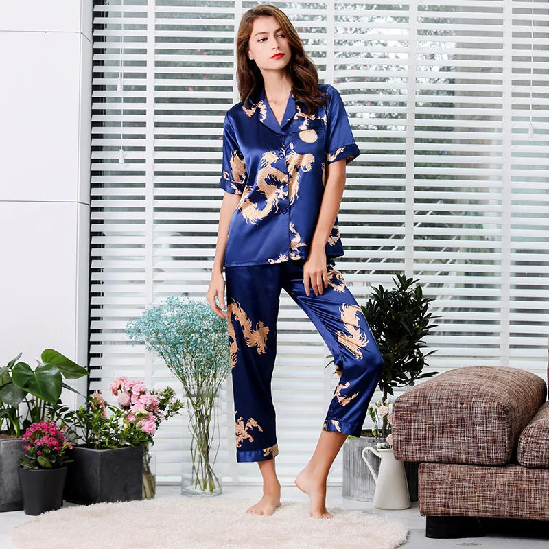 Camisola de casal estilo chinês fina de manga comprida com estampa de seda e cetim