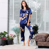 Camisola de casal estilo chinês fina de manga comprida com estampa de seda e cetim
