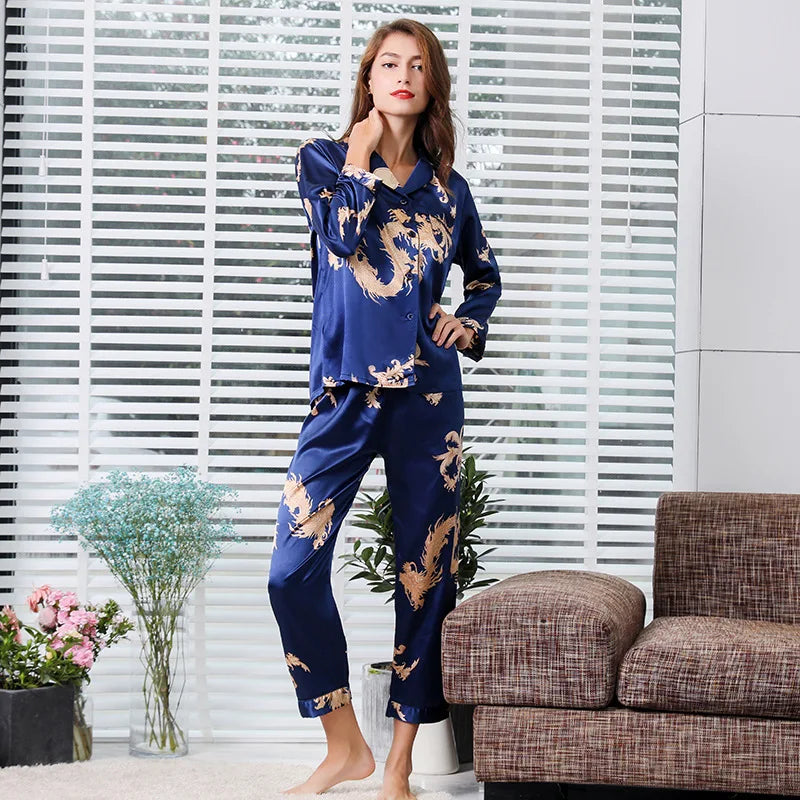 Camisola de casal estilo chinês fina de manga comprida com estampa de seda e cetim