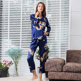 Camisola de casal estilo chinês fina de manga comprida com estampa de seda e cetim