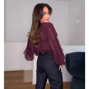Blusas femininas com babados TRAF, blusas casuais semitransparentes