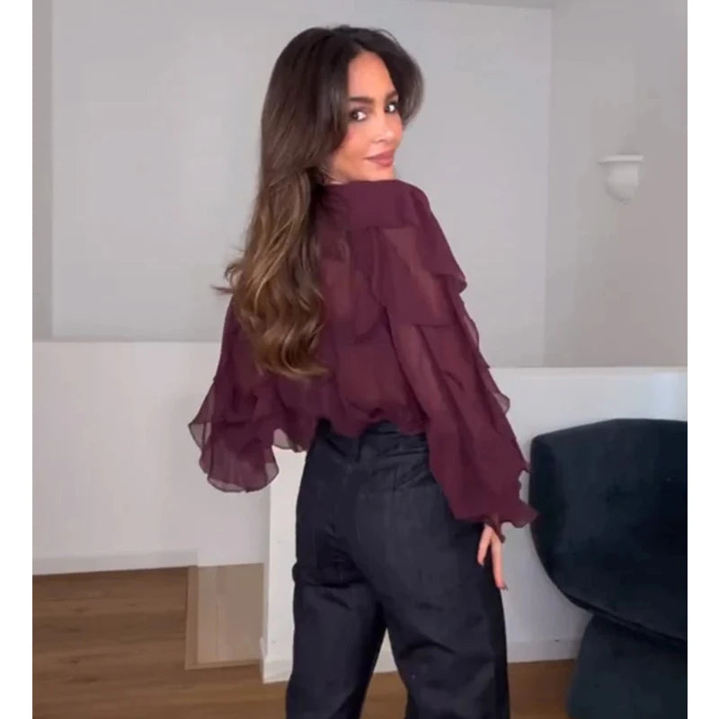 Blusas femininas com babados TRAF, blusas casuais semitransparentes