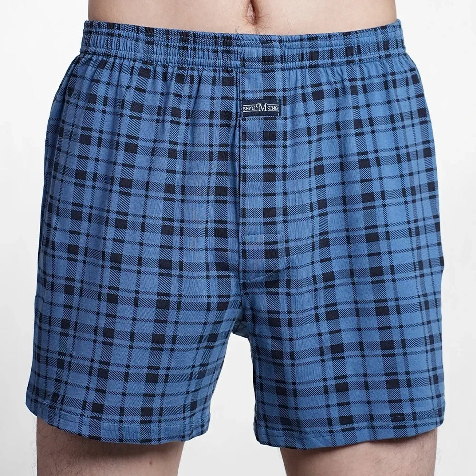 Cueca boxer masculina de algodão puro, cintura alta, cueca grande, casual, xadrez
