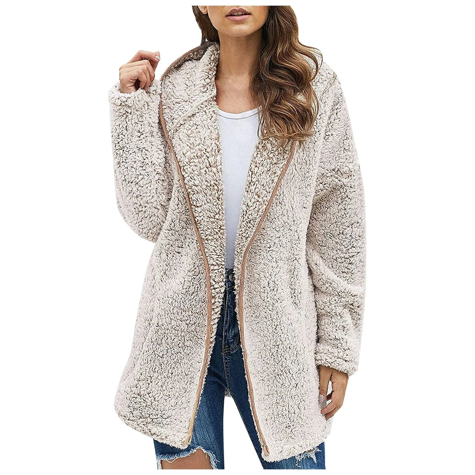 Casaco longo de pelúcia feminino para outono e inverno, casaco de lã grosso e quente, gola virada para baixo, casaco de pelúcia feminino casual