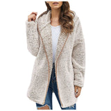 Casaco longo de pelúcia feminino para outono e inverno, casaco de lã grosso e quente, gola virada para baixo, casaco de pelúcia feminino casual