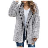 Casaco longo de pelúcia feminino para outono e inverno, casaco de lã grosso e quente, gola virada para baixo, casaco de pelúcia feminino casual