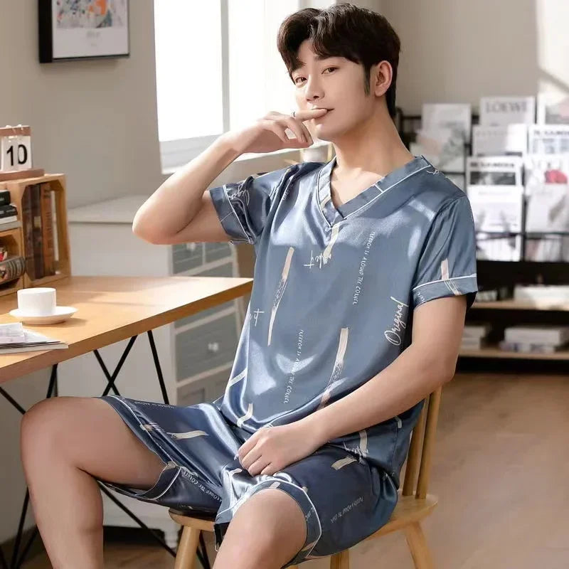 Pijama masculino de manga curta, roupa de verão em seda gelada, cardigã fino