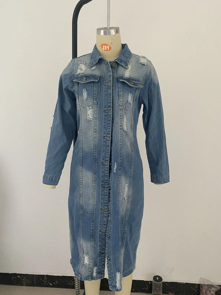 Casaco jeans longo com botões frontais e bainha crua rasgada, cardigan feminino