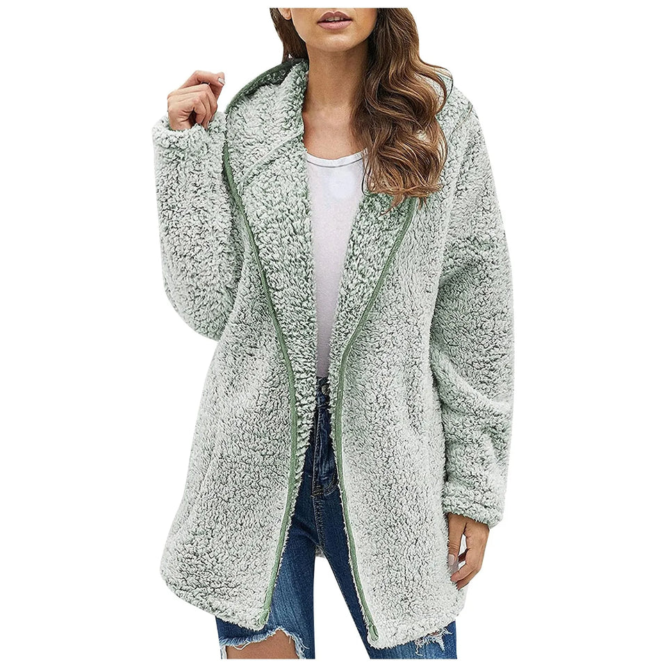 Casaco longo de pelúcia feminino para outono e inverno, casaco de lã grosso e quente, gola virada para baixo, casaco de pelúcia feminino casual
