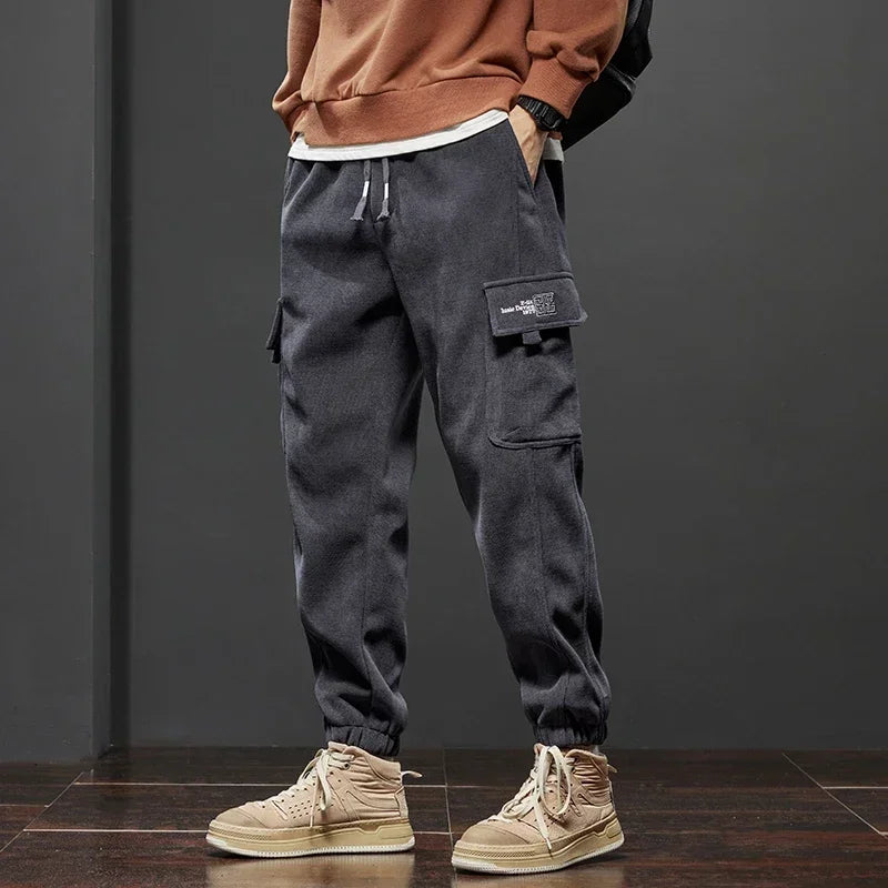 Calças casuais masculinas, estilo primavera outono, com cintura elástica e cordão reto, estilo harem