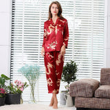 Camisola de casal estilo chinês fina de manga comprida com estampa de seda e cetim