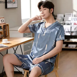 Pijama masculino de manga curta, roupa de verão em seda gelada, cardigã fino
