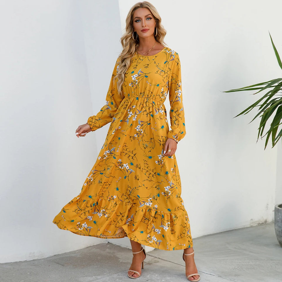 Vestido longo boêmio feminino  cintura alta chiffon, floral, novo Sucesso