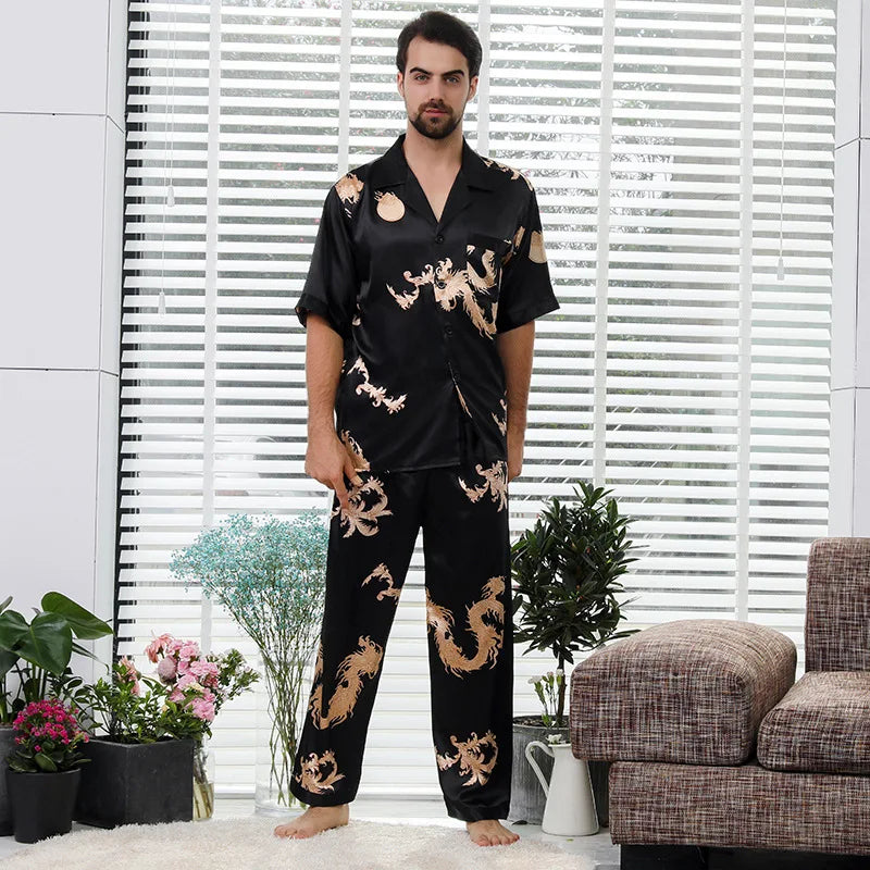 Camisola de casal estilo chinês fina de manga comprida com estampa de seda e cetim