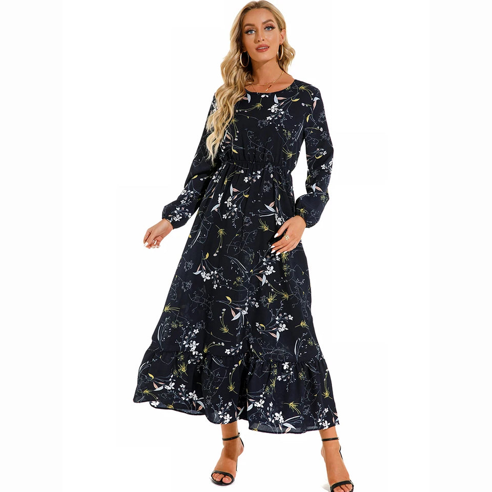 Vestido longo boêmio feminino  cintura alta chiffon, floral, novo Sucesso