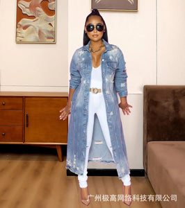 Casaco jeans longo com botões frontais e bainha crua rasgada, cardigan feminino