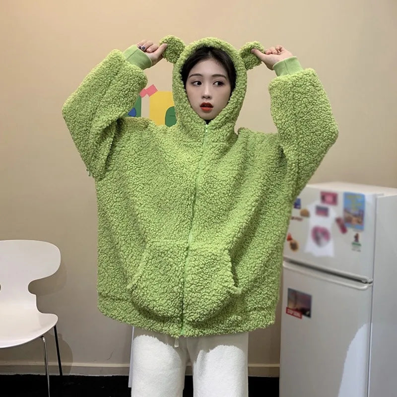 Casaco feminino outono inverno com zíper kawaii lã pele sintética moletom manga comprida com capuz orelhas de urso de pelúcia moletom macio branco teddy