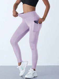 leggings femininas de cintura alta, calças elásticas de ioga com bolsos