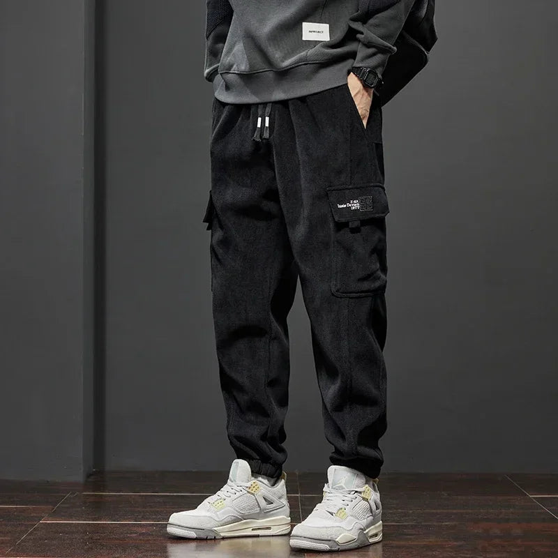 Calças casuais masculinas, estilo primavera outono, com cintura elástica e cordão reto, estilo harem
