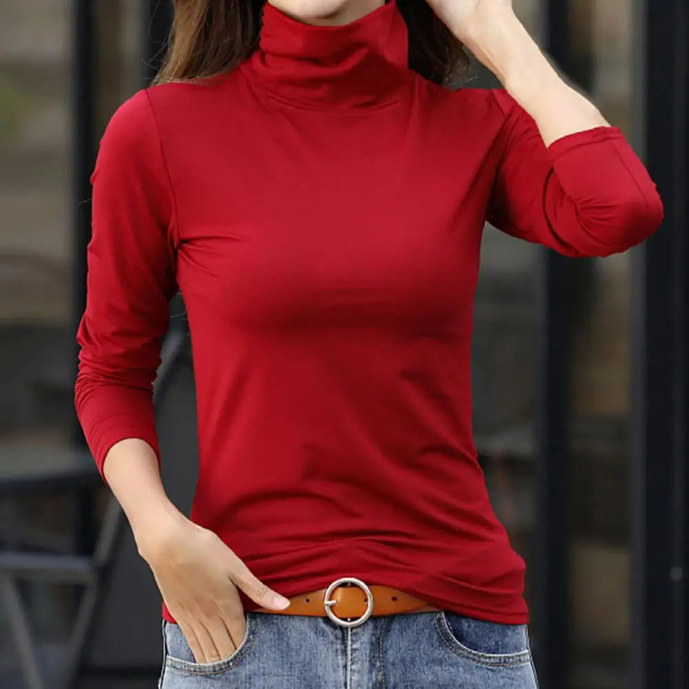 Camisa feminina de outono, cor sólida, gola alta, blusa de primavera, de pelúcia fina, manga comprida