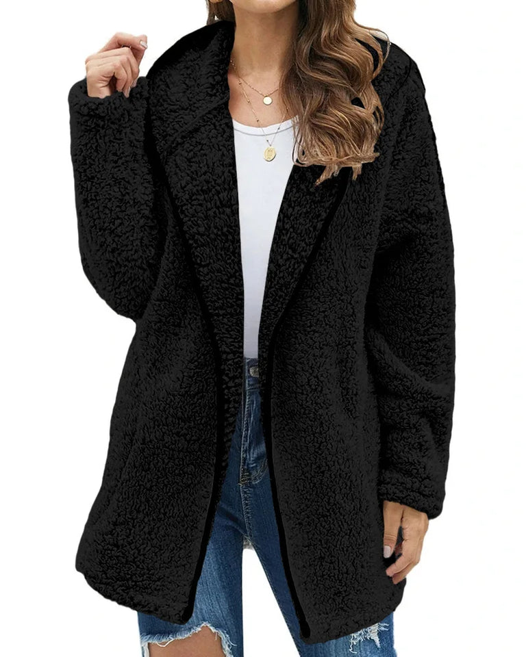 Casaco longo de pelúcia feminino para outono e inverno, casaco de lã grosso e quente, gola virada para baixo, casaco de pelúcia feminino casual