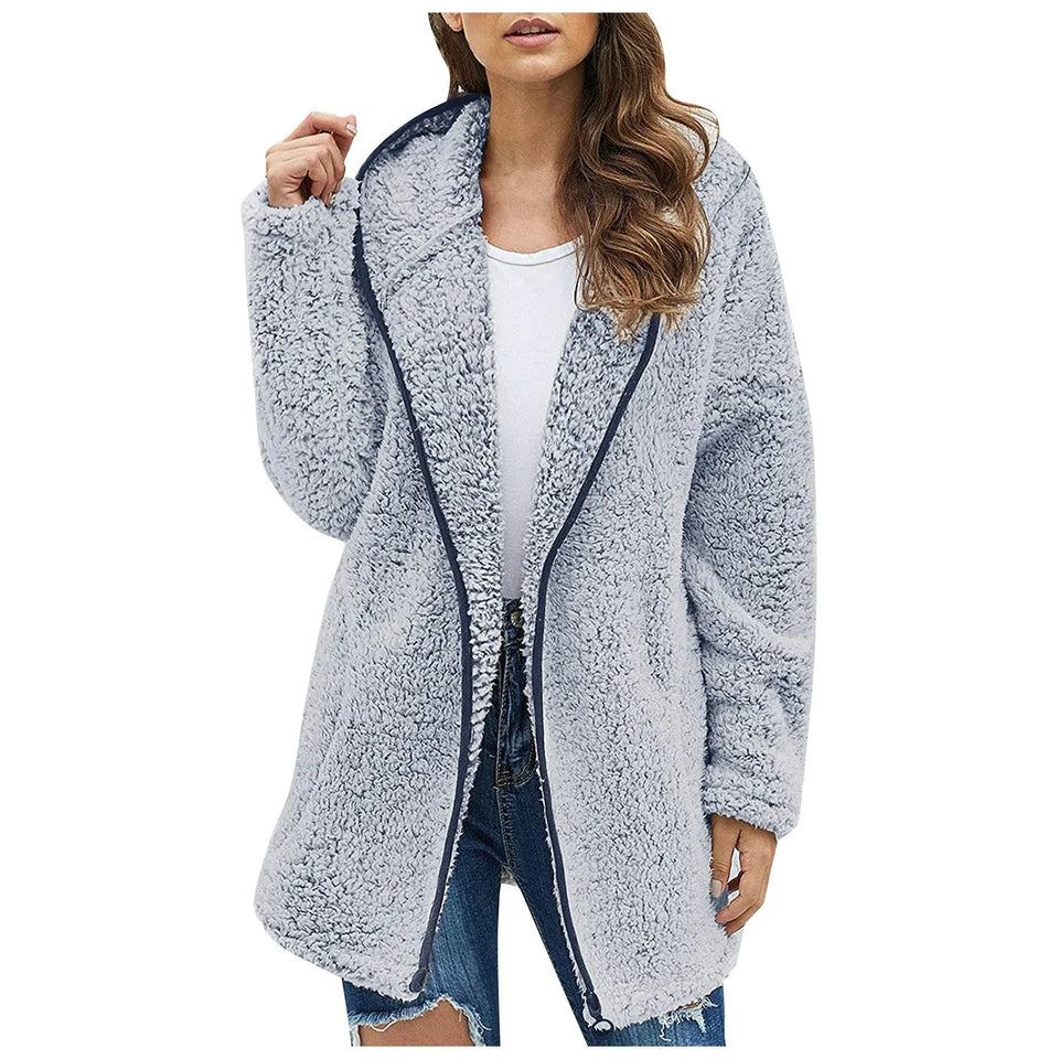 Casaco longo de pelúcia feminino para outono e inverno, casaco de lã grosso e quente, gola virada para baixo, casaco de pelúcia feminino casual