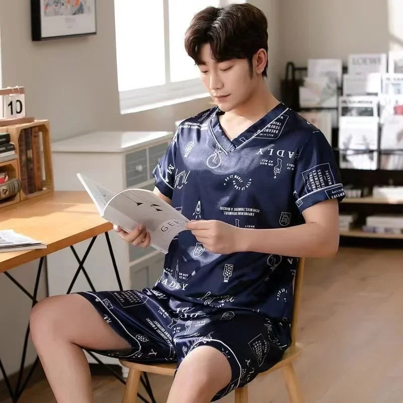 Pijama masculino de manga curta, roupa de verão em seda gelada, cardigã fino