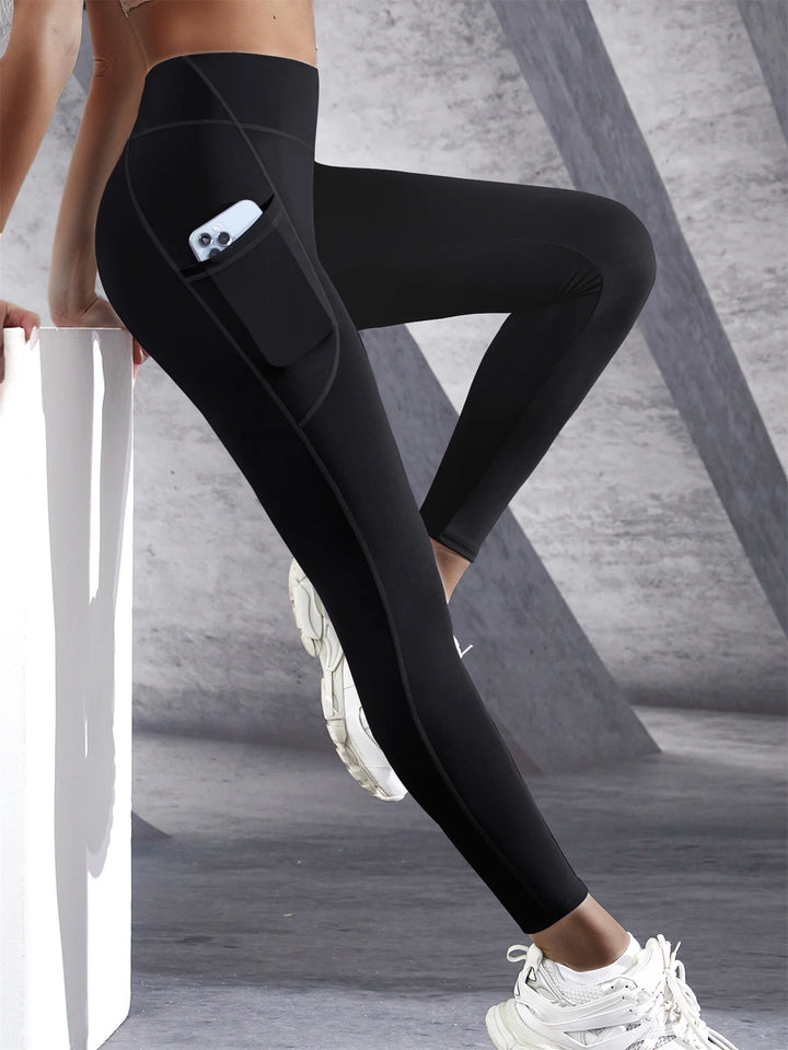 leggings femininas de cintura alta, calças elásticas de ioga com bolsos
