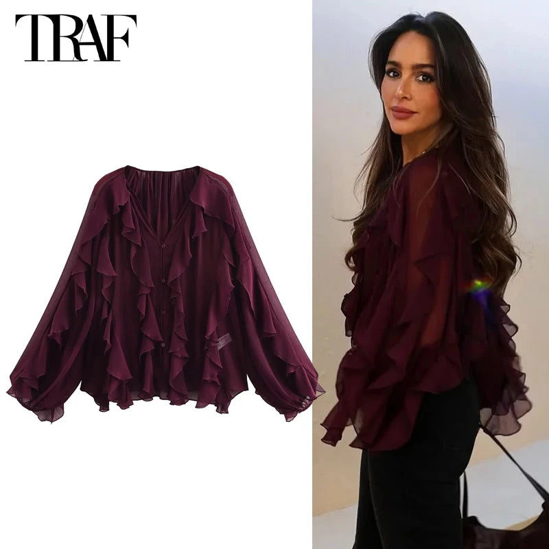 Blusas femininas com babados TRAF, blusas casuais semitransparentes