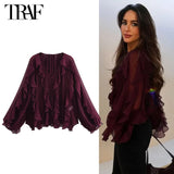 Blusas femininas com babados TRAF, blusas casuais semitransparentes