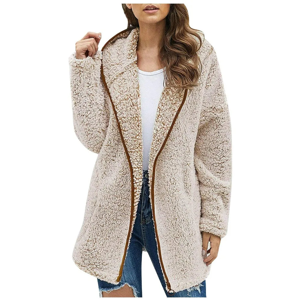 Casaco longo de pelúcia feminino para outono e inverno, casaco de lã grosso e quente, gola virada para baixo, casaco de pelúcia feminino casual