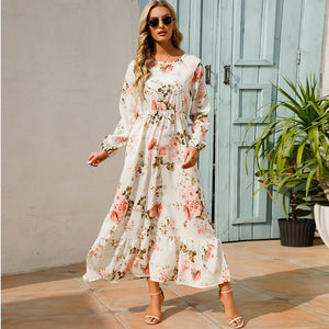 Vestido longo boêmio feminino  cintura alta chiffon, floral, novo Sucesso
