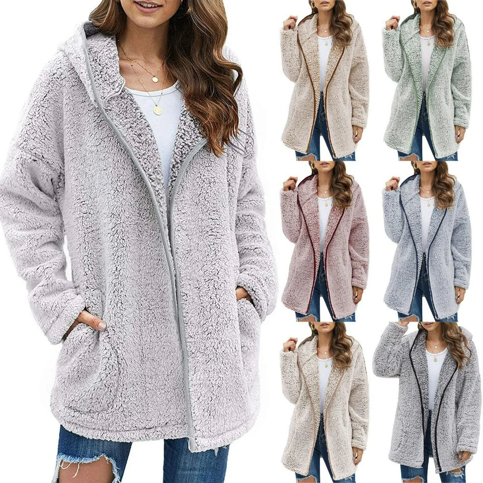 Casaco longo de pelúcia feminino para outono e inverno, casaco de lã grosso e quente, gola virada para baixo, casaco de pelúcia feminino casual