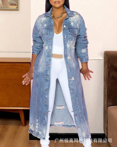 Casaco jeans longo com botões frontais e bainha crua rasgada, cardigan feminino