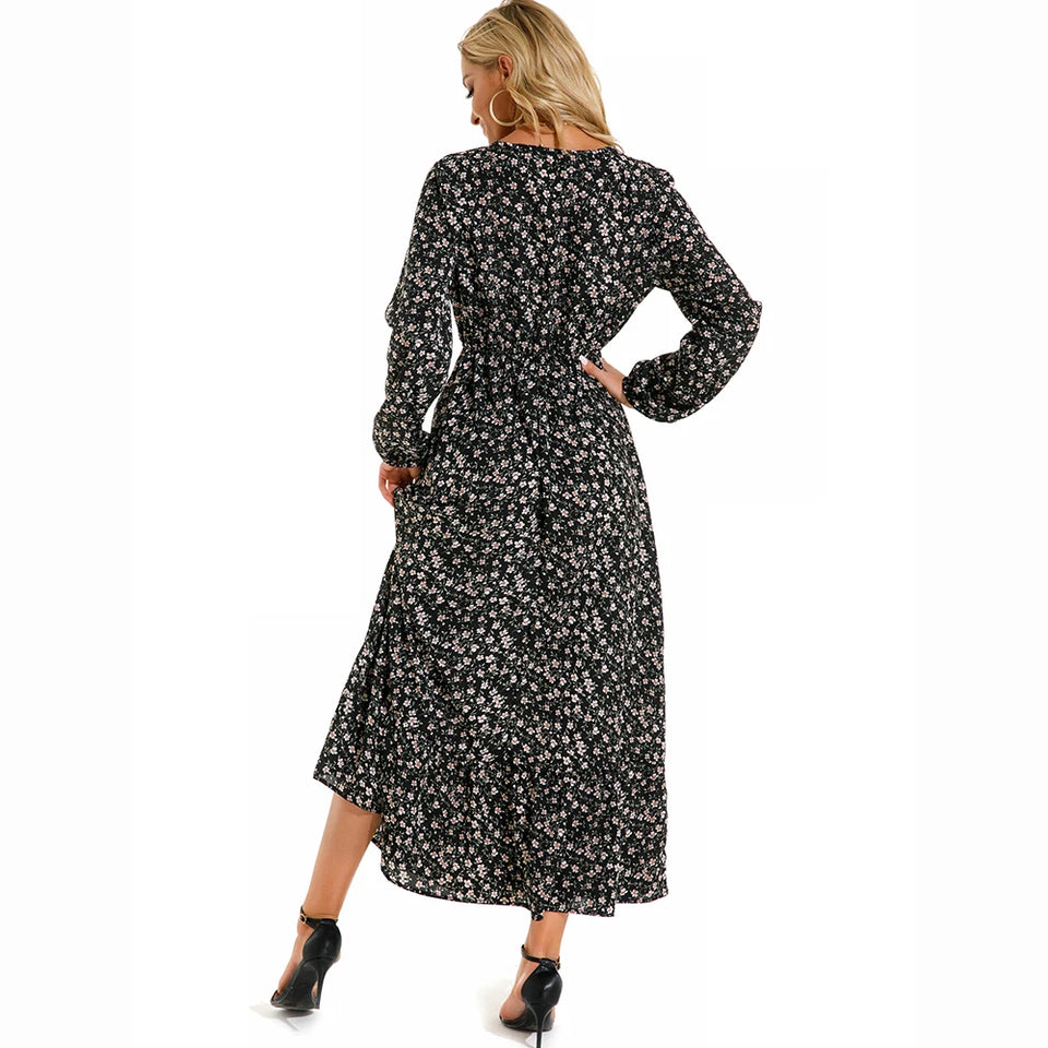Vestido longo boêmio feminino  cintura alta chiffon, floral, novo Sucesso