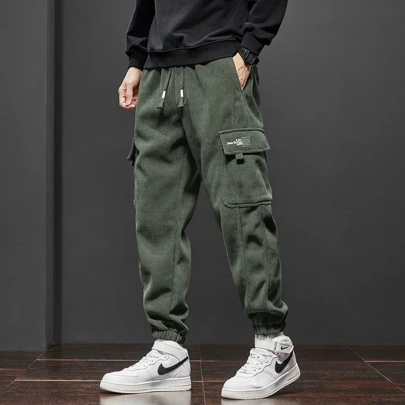 Calças casuais masculinas, estilo primavera outono, com cintura elástica e cordão reto, estilo harem