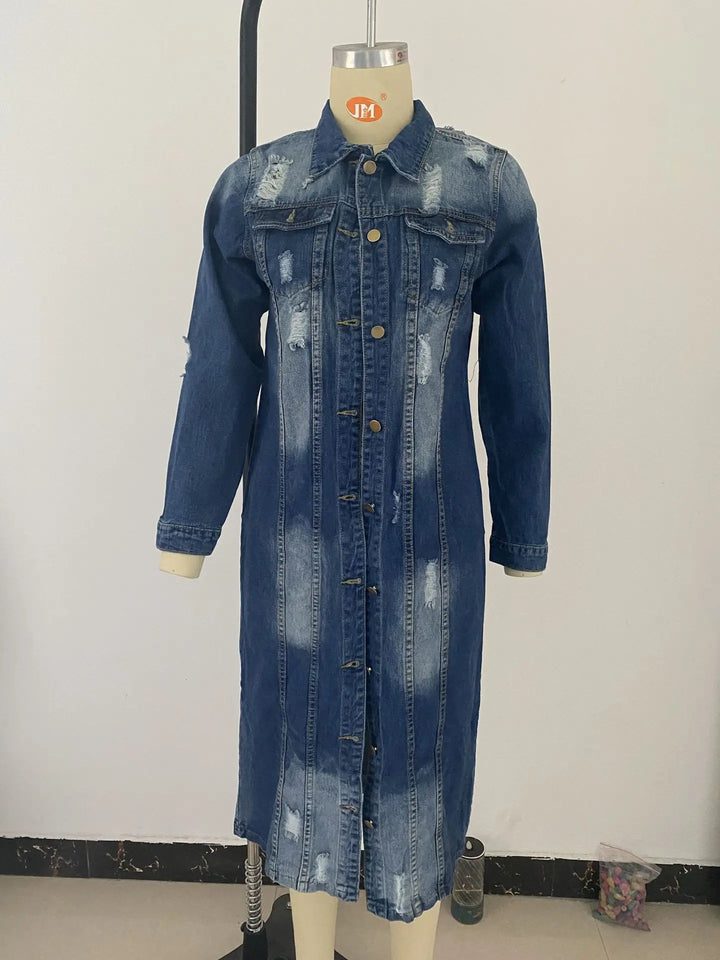 Casaco jeans longo com botões frontais e bainha crua rasgada, cardigan feminino